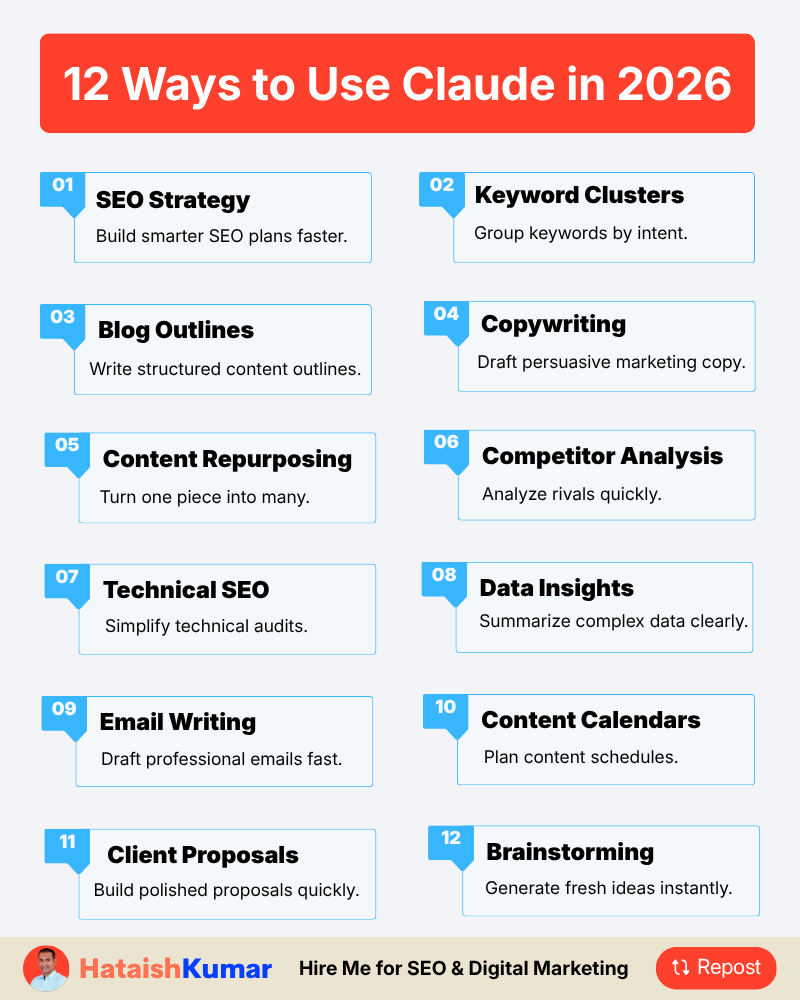 hataishkumar's tweet photo. 12 Ways to Use Claude in 2026

I Use Claude Like This in 12 Powerful Ways.

➕ Follow @hataishkumar for more SEO + Digital Marketing tips. https://t.co/ET8Af3BVBx