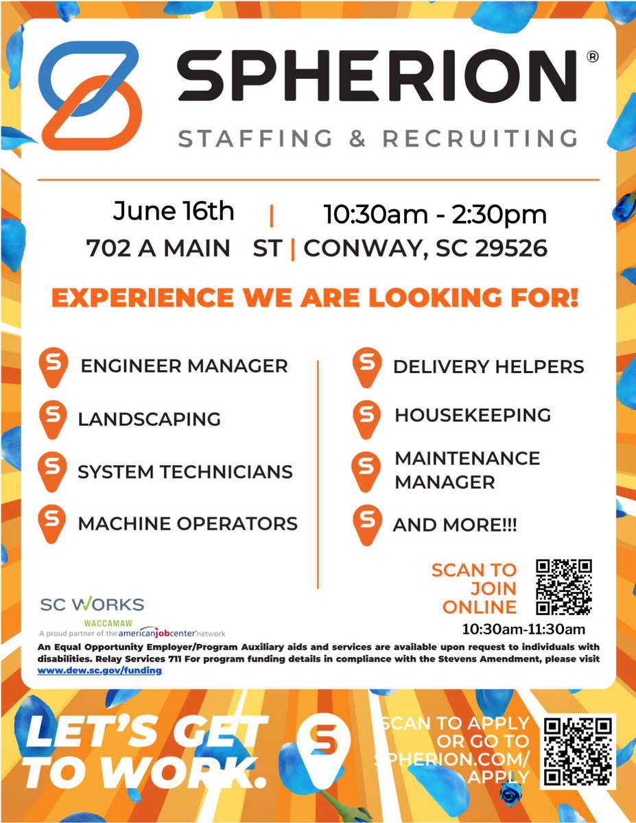 scworkswioa's tweet photo. Looking for your next opportunity? Spherion is hiring for a variety of roles in Conway and surrounding areas. Stop by the hiring event from 10:30 AM to 2:30 PM and connect directly with recruiters. #scworkswaccamaw #scworkswrcog #scworkswioa #scworks #ConwaySC https://t.co/G8pWlIj1d1