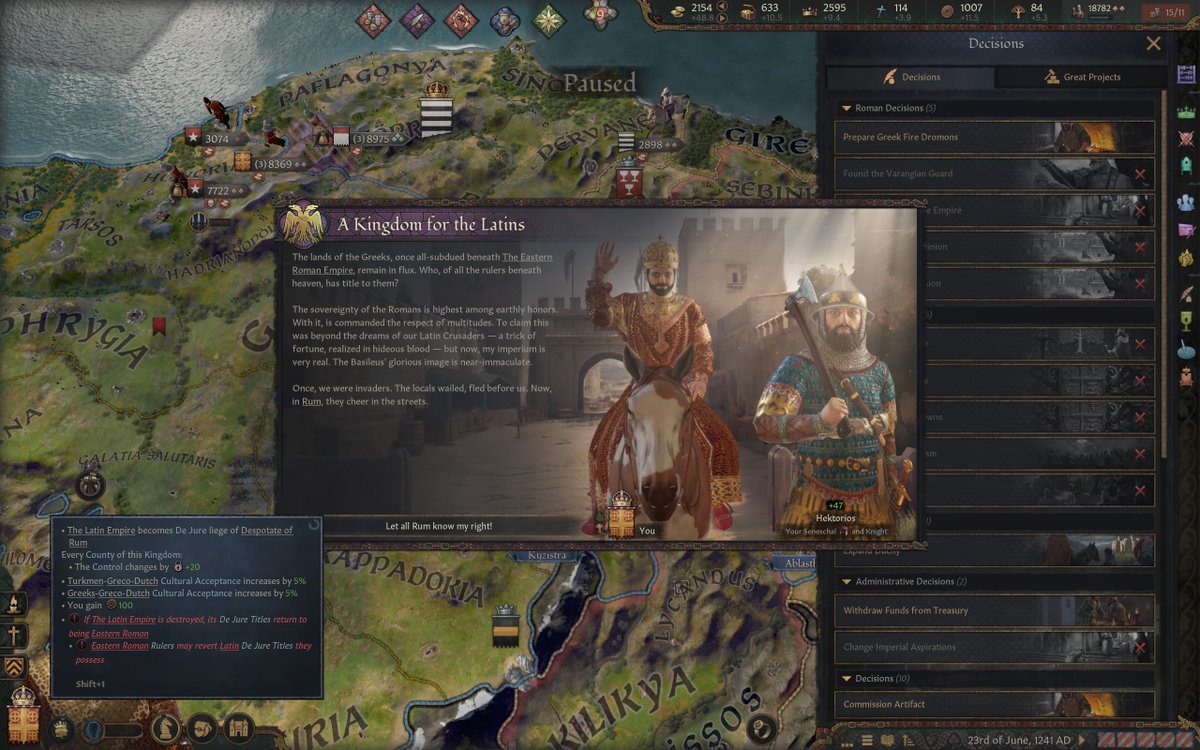 writercollin's tweet photo. Ck3 -> Vic 3 megacampaign Part 2: The Crusader Empire and the Church Unified

Baldwin III 'the Kind' (ruled 1233-1287) had a long and prosperous reign after the harsh efforts of his predecessors. His first act after being crowned in Rome was to take the Kingdom of Anatolia itself. From 1235-1241 he waged holy war against the Seljuks and retook the lands of Anatolia back for the Greeks. Slowly he had begun to carve in a proper crusader empire in the region, loyal to the Catholic church.
