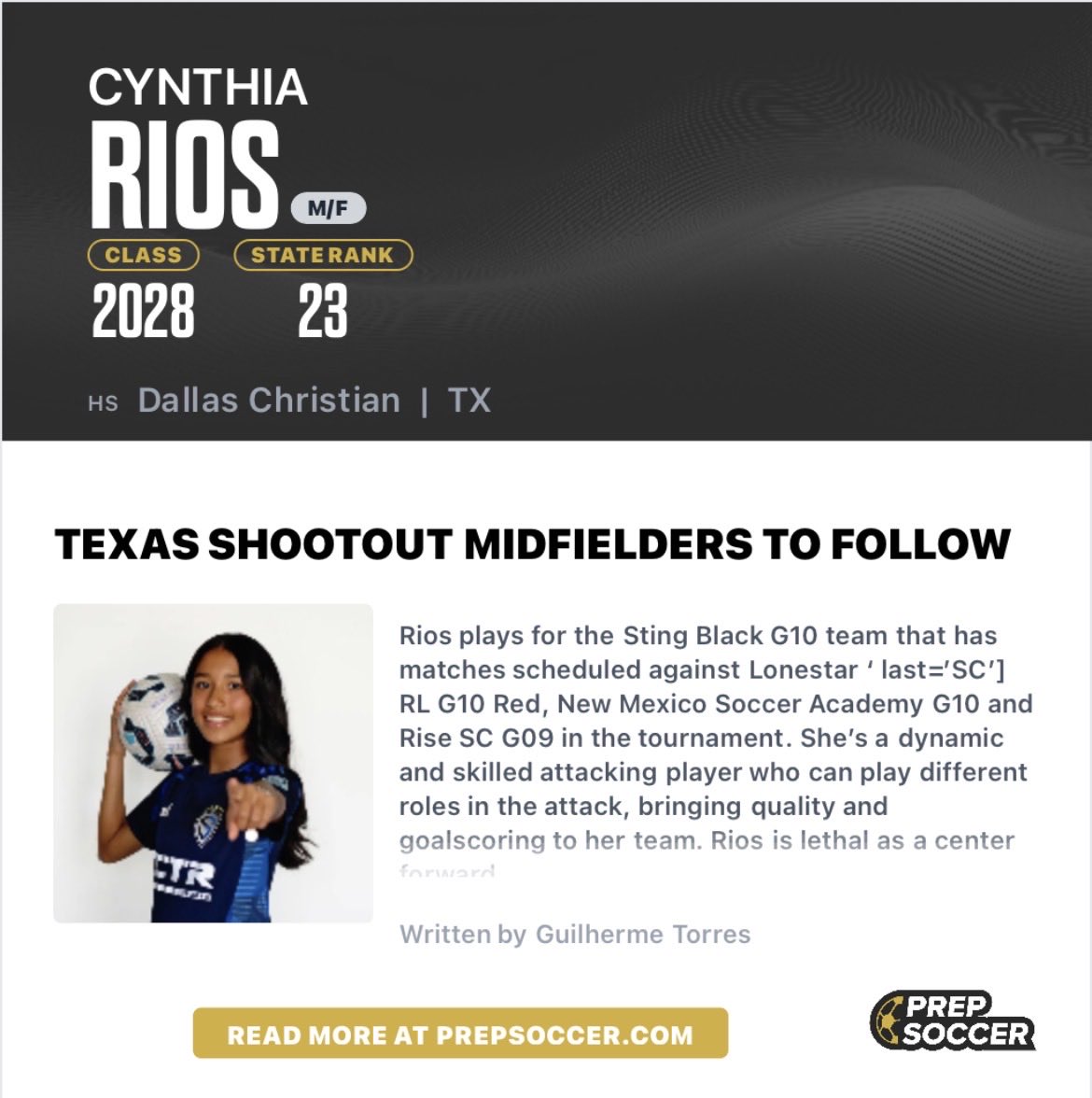 Cynthia_rios12's tweet photo. Thank you @PrepSoccerTX and @grtorres for featuring me on your platform! Congrats to the great players on the list! 
@ECNLgirls @StingBlkECNL10 @StingSoccerClub #ecnlgirls #prepsoccer #stingblack https://t.co/7kupF7MKAh