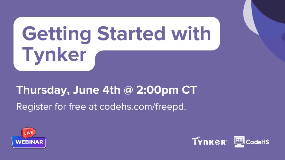 gotynker's tweet photo. Free Webinar Tomorrow: Getting Started with Tynker

Join us for this free 90-minute webinar tomorrow to learn how to access Tynker courses and projects, set up your class and class sections, navigate essential teacher tools like automatic grading, and use key resources like the Tynker Workshop to create actors, backgrounds, and code blocks.

📅 Thursday, June 4th, 2026⏰ 2:00–3:30 PM CT
RSVP at c̲o̲d̲e̲h̲s̲.c̲o̲m̲/f̲r̲e̲e̲p̲d̲