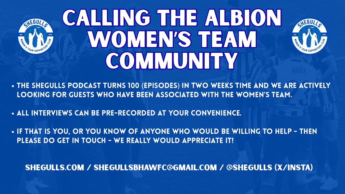 SheGulls's tweet photo. Please help us make our SheGulls Podcast Episode 100 as special as possible!
Welcome to DM here if easier or use the details below ⬇️ 
Thank you in advance 💙🤍 https://t.co/mSMfXXYSjU