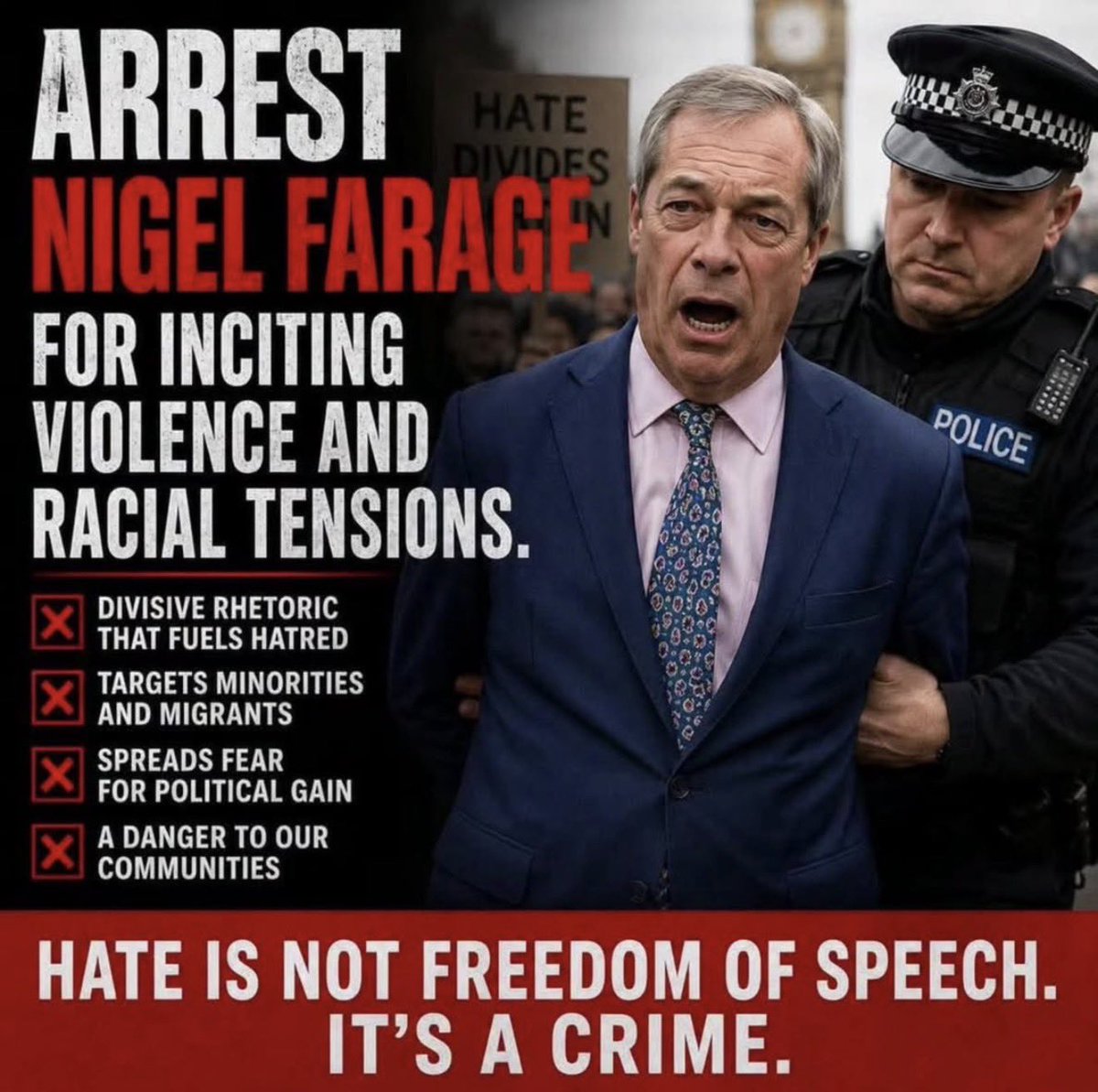 daniellismore's tweet photo. Thousands of people Report Nigel Farage to the police for inciting hate speech wouldn’t be a bad idea. https://t.co/WIg5itstjI