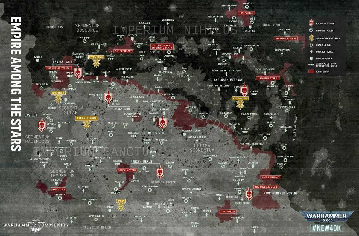 HMBohemond's tweet photo. Games Workshop posts more evidence of revisions to the lore in the wake of 10th Edition's failure. First they dialed back the severity of Angron's invasion of Armagddon and the damage Chaos had done to the planet. Now the Nauchmund Gauntlet warzone is gone, replaced by the Cadian Gate warzone. This leaves the Bastior (Tyranids) and Pariah Nexus (Necrons) warzones the only two from 10th edition still fully recognized from 10th edition.

It makes sense Nachmund and Angron's invasion would get the axe. Nachmund was just a less impactful redo of Vigilus, and Angron's invasion was equally a badly written rewrite of the 1st War For Armageddon. While they're not 'gone,' they're now severely downplayed.