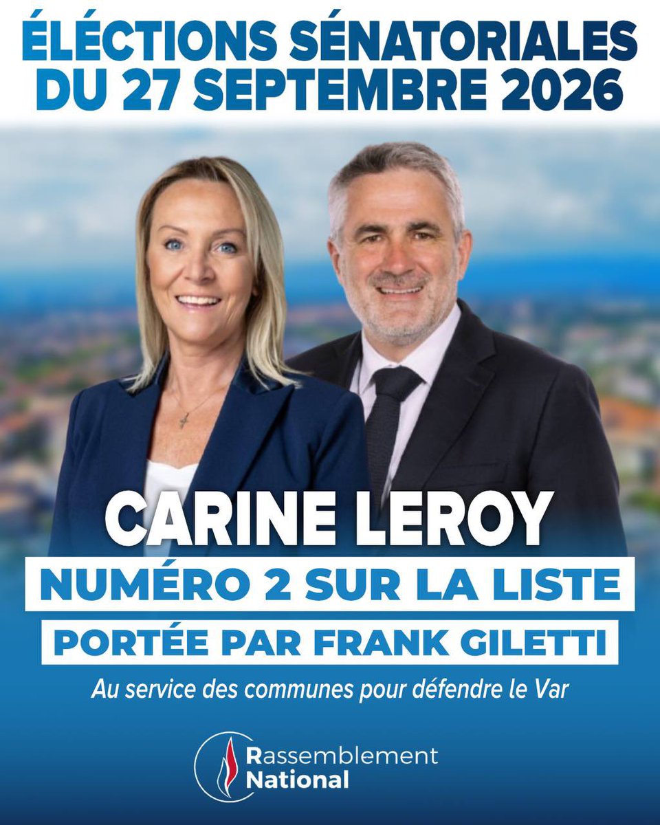 FrankGiletti's tweet photo. 🇫🇷 Je suis fier d’annoncer que @CarineLeroy_83 sera la numéro 2 sur notre liste Rassemblement National pour les élections sénatoriales dans le Var.

Femme d’engagement, élue de terrain et ancienne cheffe d’entreprise, Carine Leroy incarne ces parcours forgés par le travail, les responsabilités et le sens du collectif.

Adjointe au maire de Fréjus depuis 2020, réélue en 2026, elle agit chaque jour au service des habitants avec sérieux, proximité et efficacité. Son expérience municipale, intercommunale et sa connaissance concrète des réalités locales constituent un atout précieux pour porter la voix des communes varoises.

Issue d’une famille profondément attachée au service de la France, elle a toujours placé l’intérêt général, le respect de la parole donnée et l’engagement au cœur de son action. Qu’il s’agisse de la gestion des ressources humaines, de la défense de l’environnement ou de l’accompagnement des territoires, elle a démontré sa capacité à travailler avec constance et pragmatisme.
