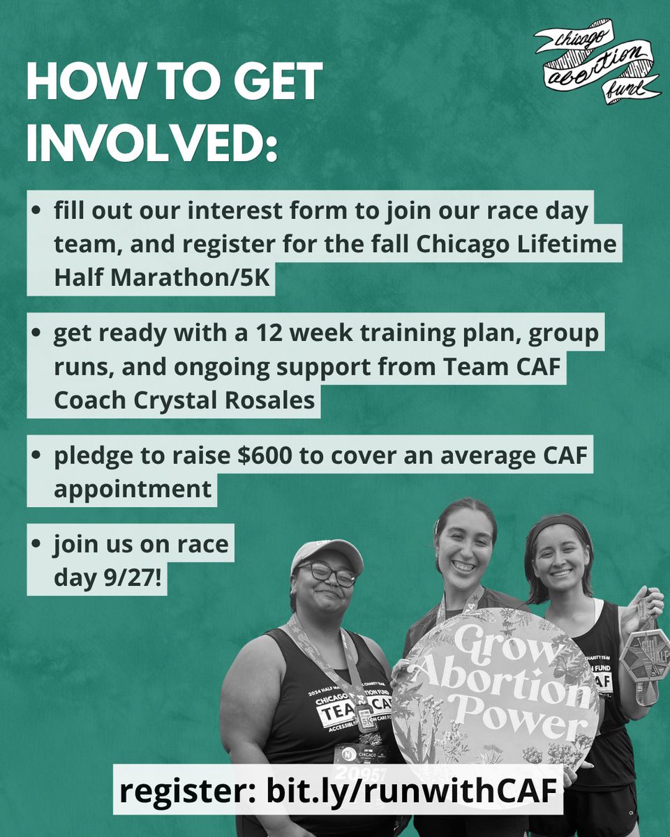 ChiAbortionFund's tweet photo. Build community, get moving, and raise $$ to support abortion access by joining CAF's unofficial team for the Fall Chicago Lifetime Half Marathon/5K! 🏃🏃‍♀️ Fill out the interest form by 6/14 to make sure you get all the news when we launch later this month: https://t.co/iBfVHvax4E https://t.co/uFtSPDIeqs