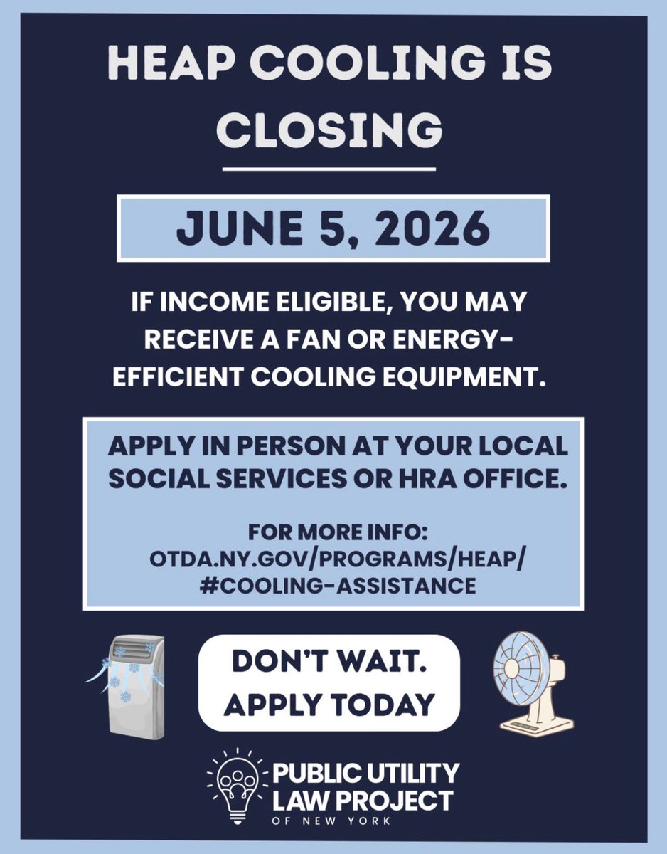LeroyComrie's tweet photo. The HEAP Cooling Assistance Program is scheduled to close on June 5, 2026. Eligible households may qualify for a fan or energy-efficient cooling equipment. If you think you may qualify, don’t wait to apply. Learn more about eligibility and application requirements today. #HEAP https://t.co/2LQQ3VBKue