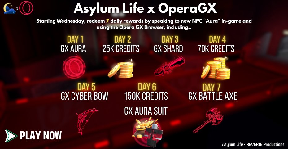 AsylumLifeRBLX's tweet photo. Asylum Life x @operagxofficial 

You can now claim 245k credits, 1 Aura, and skins for Taser Rifle, Glass Fragment, and Metal Shard for Asylum Life!

More details below! More info available in our Discord!
https://t.co/UQHeuVEio6 https://t.co/LJQX7wr2vU