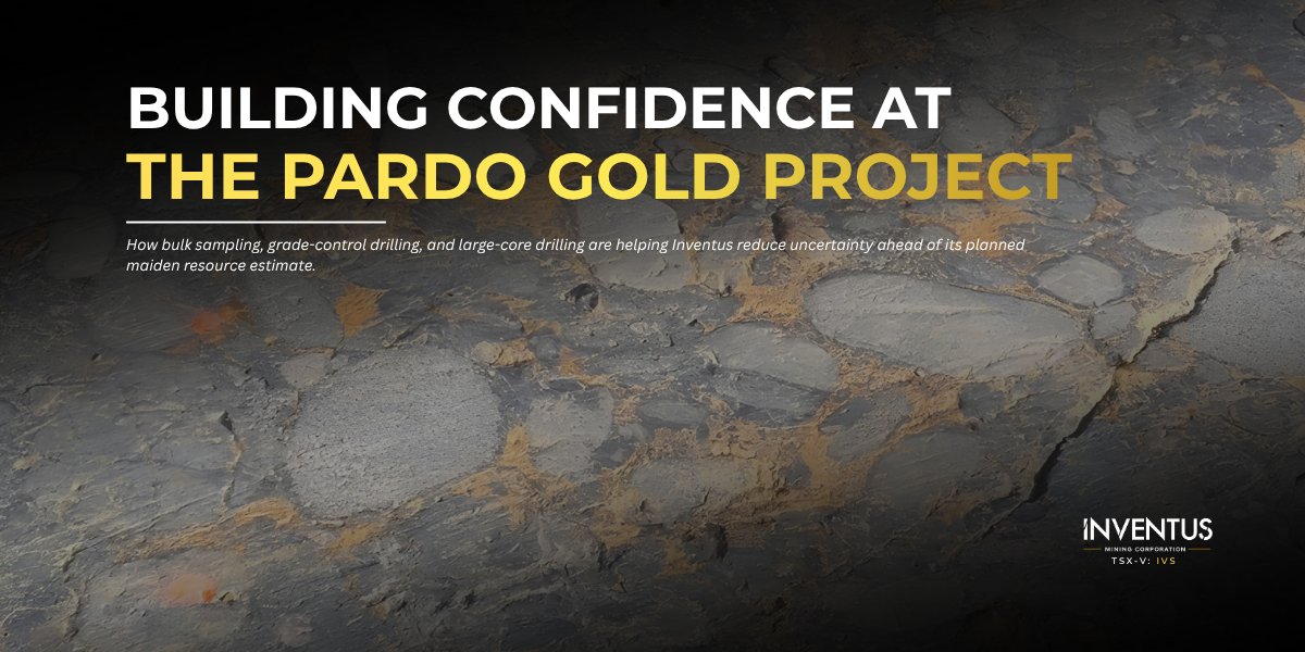 InventusMining's tweet photo. Confidence is built, not assumed.

At Pardo, bulk sampling, grade-control drilling, and PQ core drilling are helping Inventus better understand mineralization ahead of a planned maiden resource estimate in Q4 2026.

Learn more:
https://t.co/sJPzuOfQA9
$IVS #mining #gold https://t.co/EvFDjdJJkF