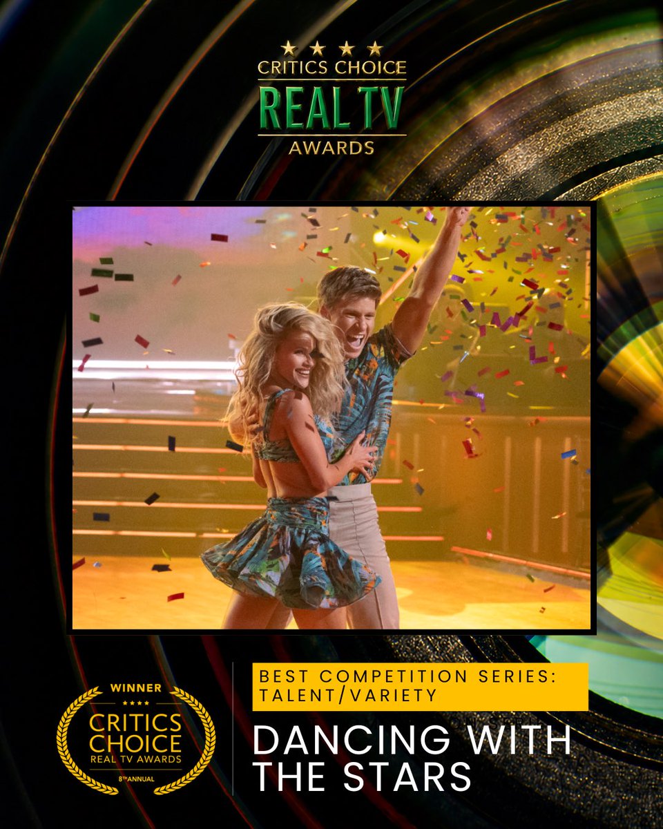 CriticsChoice's tweet photo. Congratulations to “Dancing with the Stars!” ✨🕺💃 Winner of the 8th Annual Critics Choice Real TV Award for Best Competition Series: Talent/Variety.🏆

#DancingWithTheStars #CCRealTV #CriticsChoice #RealTVAwards #DWTS #TalentCompetitionSeries https://t.co/pbOwgNyJ9P