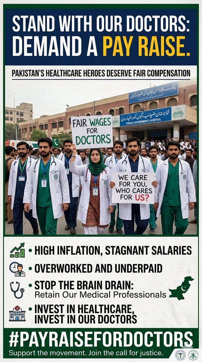 majid_4033's tweet photo. We serve tirelessly, often beyond limits, yet our pay stays unjustly low. Long hours, high stakes, &amp; endless duties—while the government undervalues our sacrifice.
We demand a raise that matches our dedication. #payraisefordoctors
#PayDoctorsFairly https://t.co/vcWBsumfTW