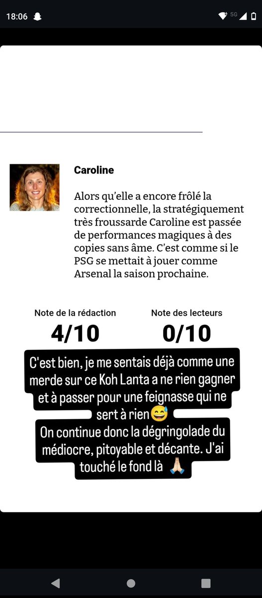 CallmeGauthier's tweet photo. Les critiques envers Caroline sont violentes quand même... Elle n'a rien fait de mal dans ce #KohLanta, et en début d'aventure elle a quand même grandement contribué aux réussites de son équipe, donc la dénigrer comme ça et lui laisser penser qu'elle ne vaut rien, ça me dégoûte. https://t.co/PHy8koX0Af