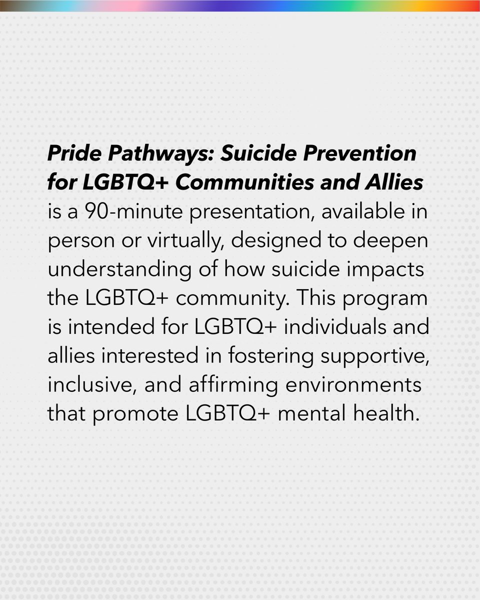 AFSP_AL's tweet photo. This #PrideMonth, AFSP is excited to launch Pride Pathways: Suicide Prevention for LGBTQ+ Communities and Allies, a presentation designed to deepen understanding of how suicide impacts the LGBTQ+ community. 

Learn more🔗 https://t.co/LOpt7UPq49 https://t.co/YfTRMvAq55