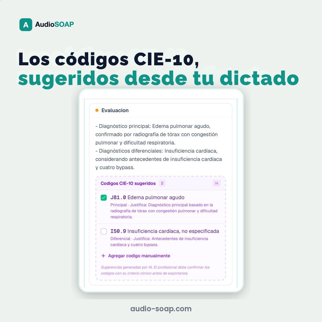 rod_araya's tweet photo. Un scribe clínico con IA hace una cosa: escucha tu consulta y la convierte en una ficha estructurada, para que no tengas que escribirla tú al final del día 🎧

Pero la documentación clínica no termina en el SOAP. También hay que codificar el diagnóstico en CIE-10 — la tarea administrativa que todos posponen.

Por eso AudioSOAP da un paso más: desde el mismo dictado, sugiere los códigos CIE-10 que mejor describen tu Evaluación. Con justificación, y siempre bajo tu confirmación. La IA propone, tú decides.

#medicina #medicos #kinesiologia #kinesiologos #fonoaudiologia

Así se ve 👇

Conocé cómo funciona en https://t.co/Pr0YnTqyaf