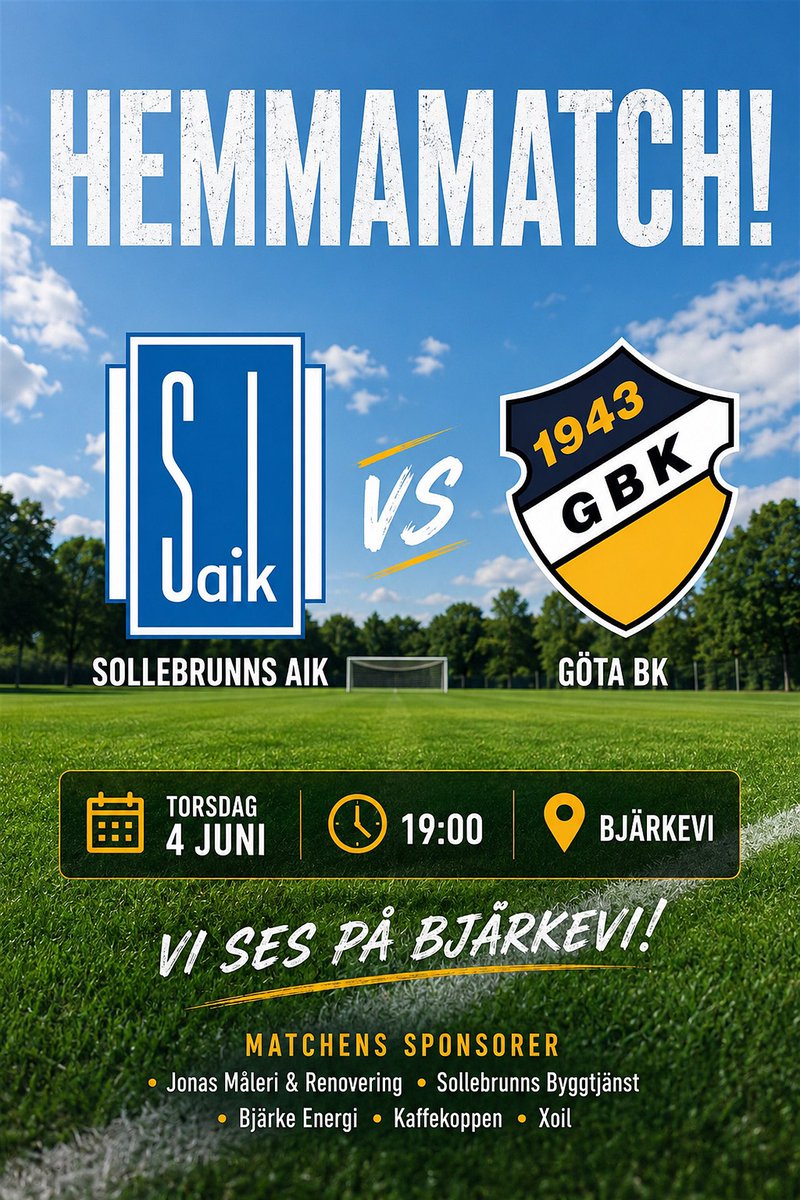 SollebrunnsAIK's tweet photo. Imorgon gästas vi av Göta BK. 19.00 sparkas matchen igång på Bjärkevi, välkomna!🔵⚪️ https://t.co/o7gGeiSELx