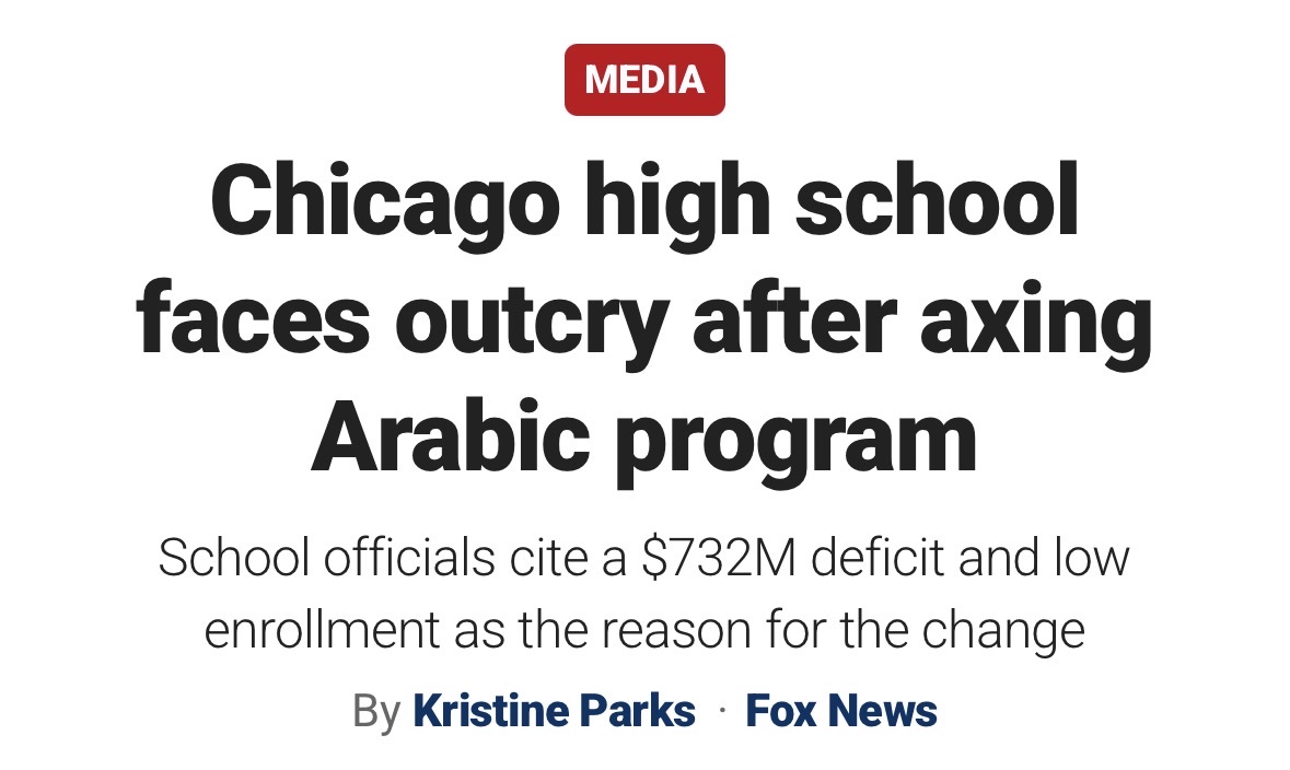 nickineily's tweet photo. A Chicago high school is facing backlash after cutting its Arabic language program, with activists arguing the course is “vital for inclusion and diversity.”

Schools facing budget shortfalls should prioritize programs based on enrollment and academic value — not ideology. https://t.co/UNoZsF5ING