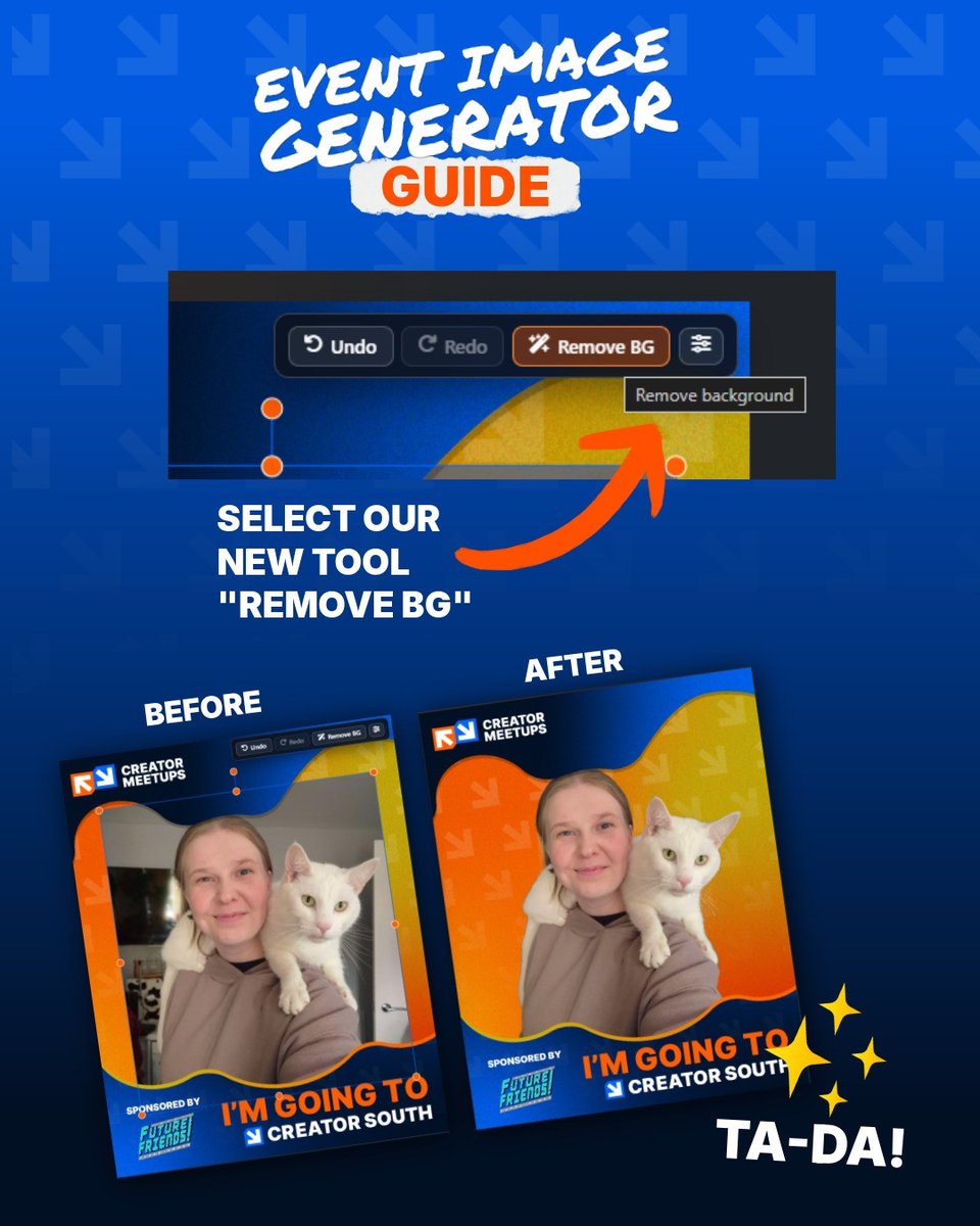 CreatorMeetups's tweet photo. 🎟️ Got your ticket for Creator South?

Create attending image with our upgraded generator, now featuring background removal for cleaner photos ✨

Share it, tag @CreatorMeetups , and use #CreatorSouth so we can share them too!

Join us in Brighton: https://t.co/TrE3wrLcpA https://t.co/0mBzkf3Uat