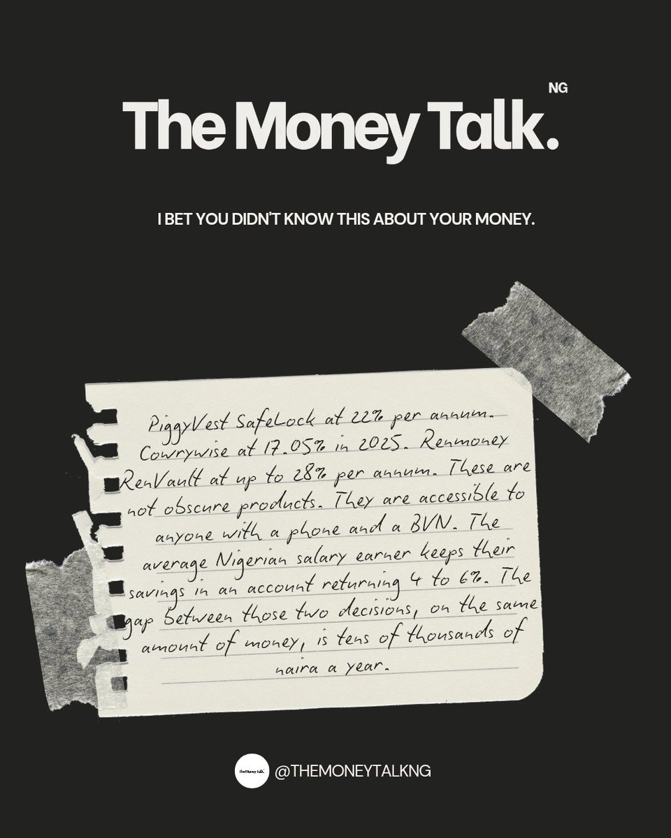 themoneytalkng's tweet photo. Most people are saving. They are just saving in the wrong place.

The money is moving. The discipline is there. The habit exists. But the container it is sitting in is quietly working against everything the habit is trying to build. ▼ https://t.co/c8Skd3JxM6