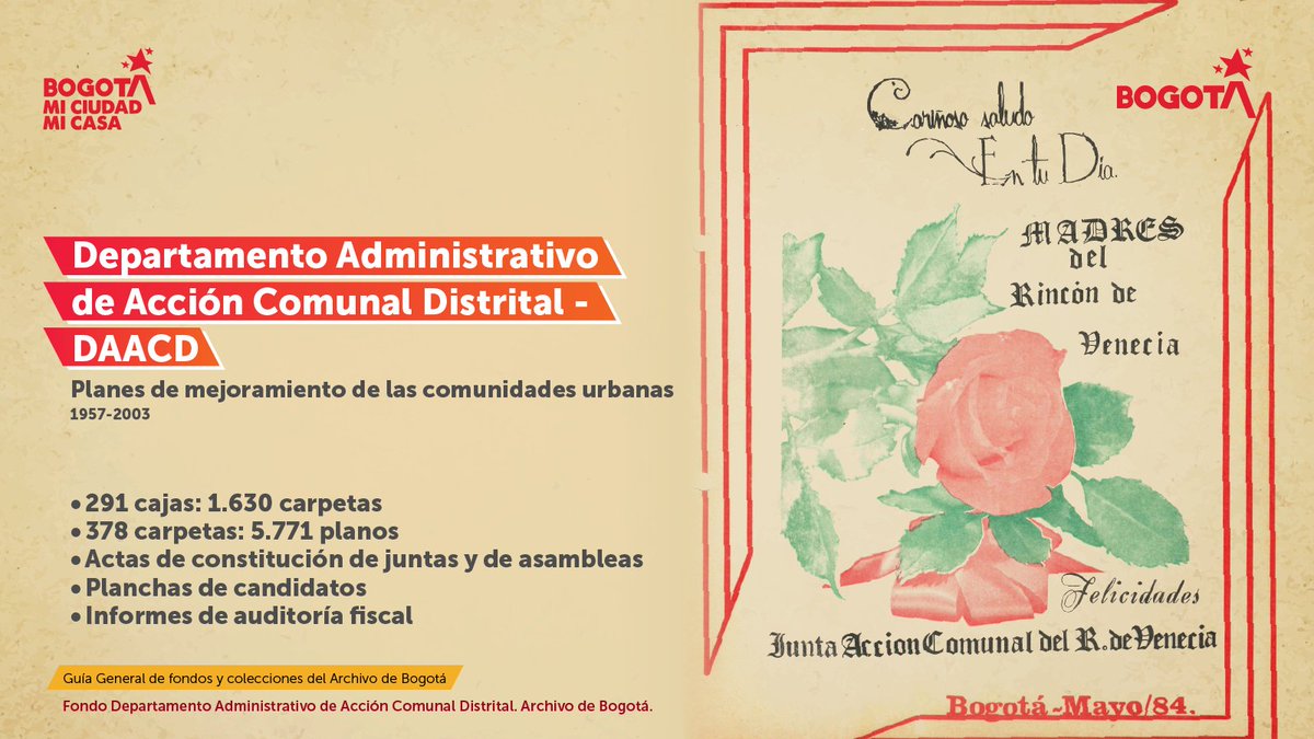 ArchivodeBogota's tweet photo. 📜 Tarjeta de felicitación por el Día de las Madres (1984), Junta de Acción Comunal barrio Rincón de Venecia. Fondo Departamento Administrativo de Acción Comunal Distrital – Archivo de Bogotá

🔗Consulta este Fondo en la Guía General  Archivo de Bogotá: https://t.co/yVAihlHL5n https://t.co/4xlzNSyg0b