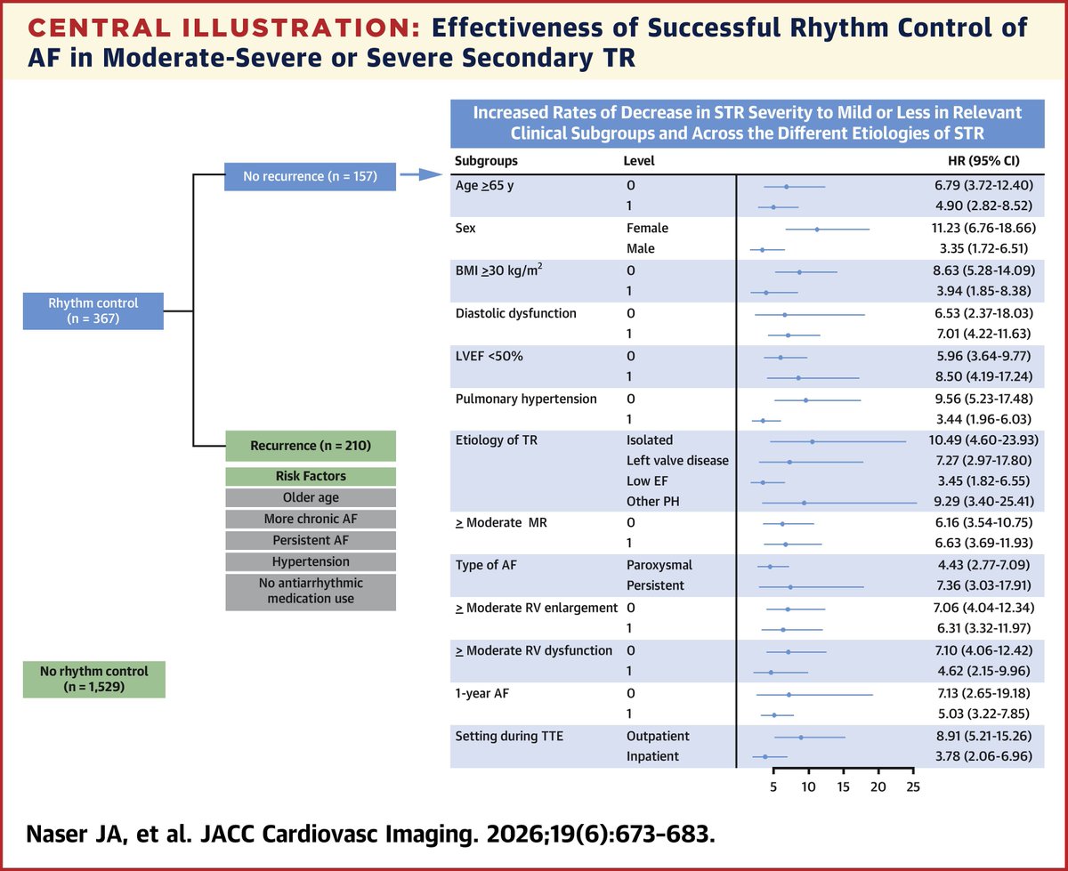 JACCJournals's tweet photo. In moderate-severe secondary #TR &amp; #AFib, rhythm control w/out AF recurrence was linked to 3.65-fold improvement of TR to ≤mild. Rhythm control may help mitigate TR severity; consider before TR intervention. https://t.co/yZ0SKoDIf1

#JACCIMG #vhdTR @MayoClinicCV @konsiont https://t.co/K11w5Z84Q7