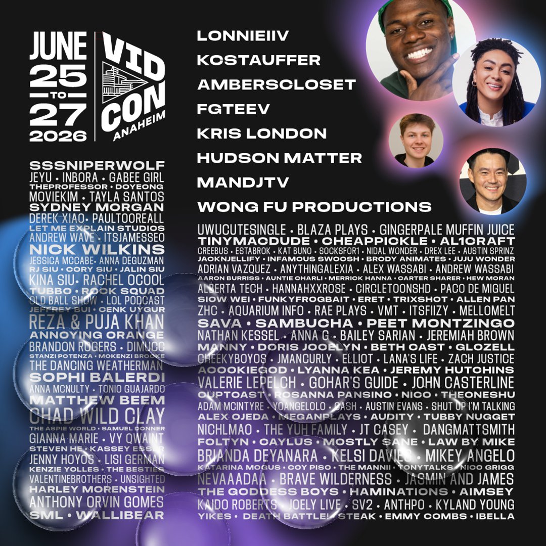 VidCon's tweet photo. We're just weeks away from our favorite week of the year, and we're adding even MORE Featured Creators to the lineup! Get ready to see @LonnieIIV, @amberscloset33, Hudson Matter, @wongfupro, @FGTeeV and so many more in Anaheim, June 25-27! 🎉✨ https://t.co/lED2oemwFQ