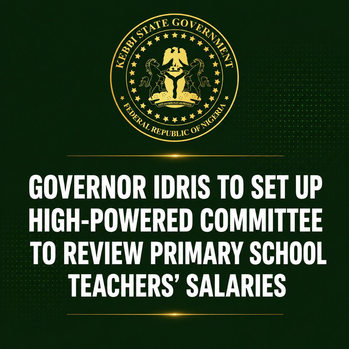 KBStGovt's tweet photo. Gov Nasir Idris has announced the formation of a high-powered committee to review salary concerns raised by primary school teachers in Kebbi State The committee will submit its report within 30 days as part of efforts to address welfare issues and strengthen the education sector. https://t.co/doq05qbyay