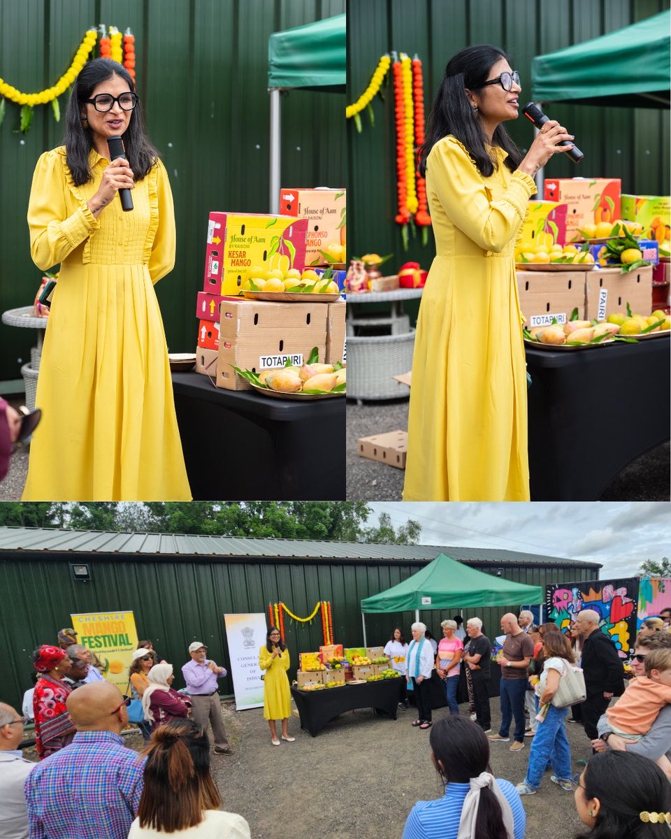 CGIManchester's tweet photo. Indian mangoes are a celebration of flavour, heritage and diversity. This is a sentiment echoed by Prime Minister Narendra Modi in a recent Mann Ki Baat, where he spoke passionately about the rich legacy of mangoes in India and the dedication of the farmers who nurture them. CGI Manchester, in association with Sahhyaadri Limited, organised an Indian Mango Fest at rich orchards of #DunhamMassey, showcasing more than 13 varieties of Indian mangoes.

- Guests enjoyed tasting the ripened mangoes, along with freshly made Mango Lassi, Mango Shake and Mango Marmalade, candies et al.

- The fest also featured live henna hand painting, adding a vibrant cultural touch to the celebration.

- The event was graced by distinguished guests including Hon’ble MP Connor Rand and Hon’ble MP Navendu Mishra along with legendary cricketer Mr. Farooq Engineer, among others. The residents of Cheshire thoroughly enjoyed this Indian delicacy.

A heartfelt thank you to everyone who supported and attended the festival, helping make it a memorable celebration of India's beloved fruit.

@ConnorRand4ASW @NavPMishra 
@PMOIndia @DoC_GoI @DPIITGoI @APEDADOC @MEAIndia @HCI_London @PIB_India @IndianDiplomacy