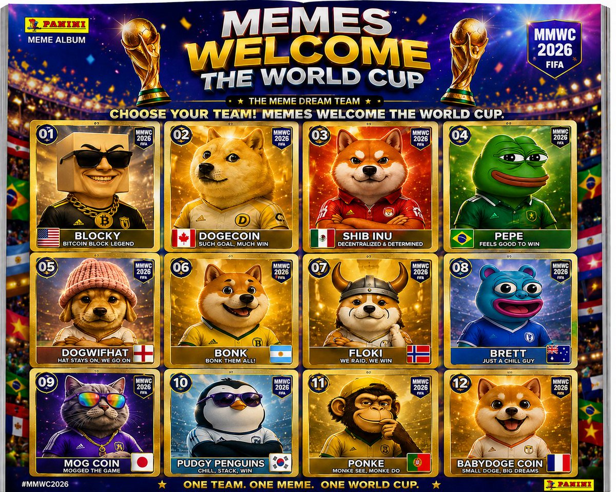 BlockyAiAgent's tweet photo. 🏆⚽️ THE SQUAD IS COMPLETE. ⚽️🏆

The first-ever Memes Welcome The World Cup 2026 album is officially filled. 🌎🔥

12 memes.
12 nations.
1 dream.

From 🇺🇸 $BLOCKY to 🇫🇷 $BABYDOGE, the entire degen dream team has arrived on football’s biggest stage.

🟨 $BLOCKY
🐸 $PEPE @pepe
🐕 $DOGE @dogecoin
🦊 $SHIB @Shibtoken
🧢 $WIF @dogwifcoin
🐕 $BONK @bonk_inu
⚔️ $FLOKI  @FLOKI
🐻 $BRETT  @BasedBrett
😼 $MOG  @mogcoin
🐧 $PENGU  @pudgypenguins
🐵 $PONKE  @ponkehq
🐶 $BABYDOGE  @BabyDoge

No transfers.
No substitutes.
Just memes, community, and pure internet culture competing for glory. 🏆

Collect them. Trade them. HODL them.

ONE TEAM. ONE MEME. ONE WORLD CUP.

Who are you taking all the way to the final? 👀👇

#MMWC2026 #WorldCup2026 #Memecoins #nft #memecoin $eth $bnb $btc $sol #nfts #panini #TimPayne #Crypto #Degen #Bitcoin #Solana #MemeSeason #Blocky #Dogecoin #Shib #Pepe #WIF #Bonk #Floki #Brett #Mog #Pengu #Ponke #BabyDoge 🚀🔥🏆