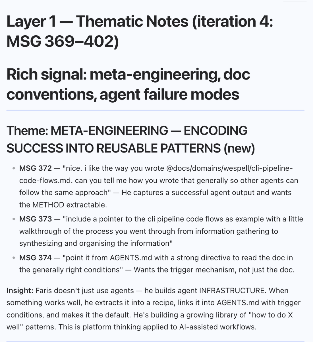 dolpheyn's tweet photo. i'm letting hermes do a layered analysis on my cursor transcripts (1.9k messages). Asked it to do analysis -> notes and then do meta-analysis on the notes multiple times over. 

Hoping it to be my twin that keeps reflecting to improve and expand, while also nudging me to grow on the same direction

I'm cracking over some of the messages LMFAO