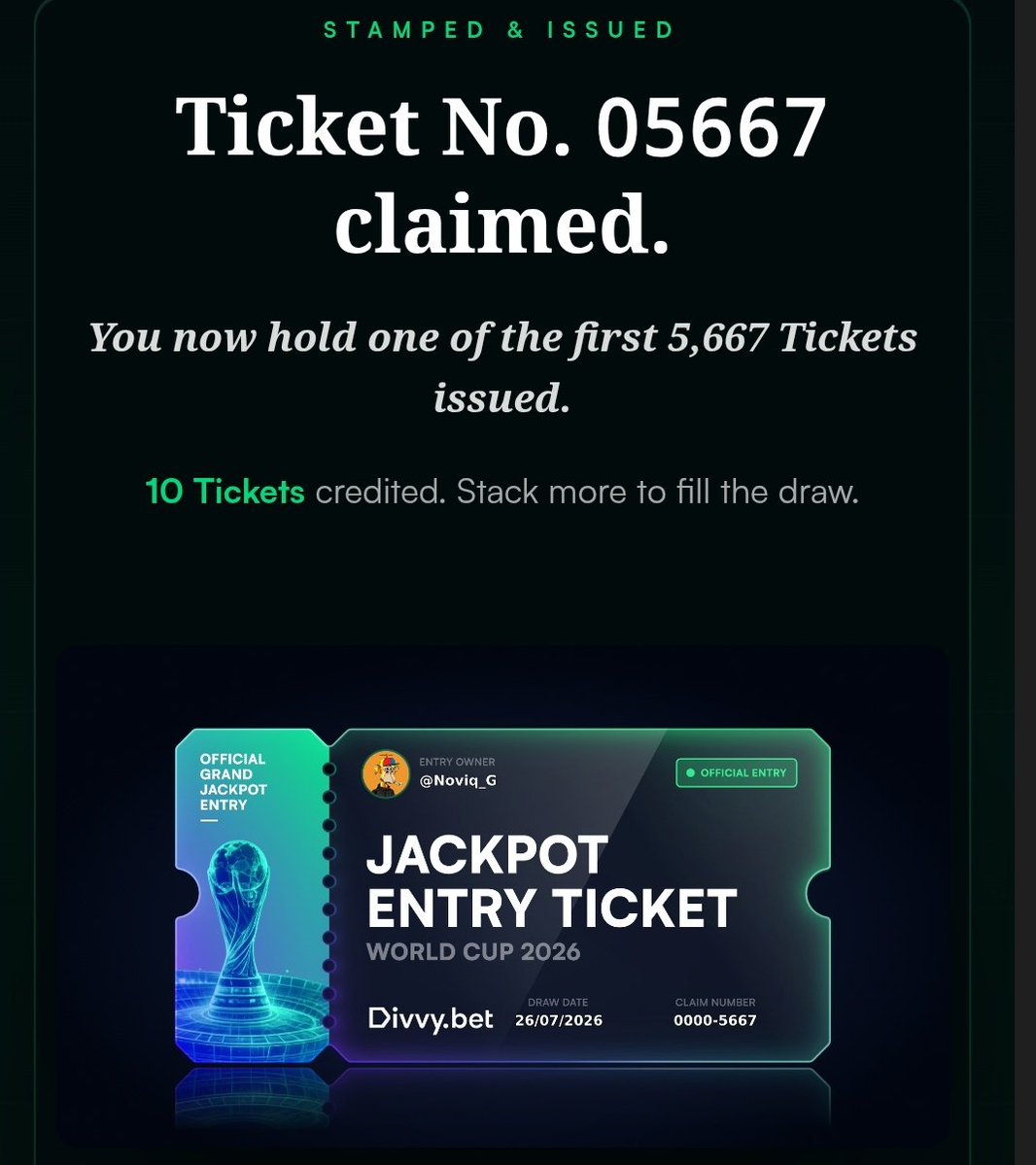 Noviq_G's tweet photo. Divvy - Claim Raffle Ticket 

@DivvyBet is an onchain sportsbook on Solana. With the worldcup coming, its time to claim these free tickets (220+ SOL to win)

   ~~>Go to: https://t.co/T6FSRYJb8c
   ~~>Connect your X / wallet
   ~~>Claim free tickets ✅

Just got mine https://t.co/ZVUEBBCs8p