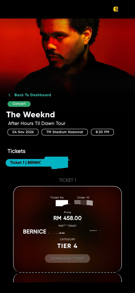 Be3be3's tweet photo. WTS #theWeekndinKL ticket for The Weeknd in Kuala Lumpur on the 4th Nov.. section 302 rm517 ticket including booking fees and tax.. letting go at RM520 rounding markup.. please dm if interested !! I need to sell this to fund by bts ticket!! https://t.co/qRXMxpSYQf