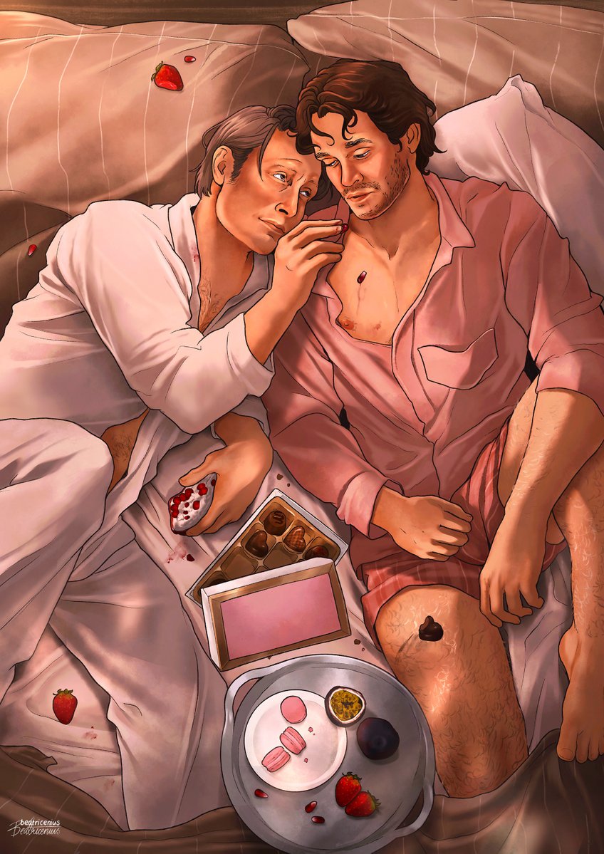 beatricenius's tweet photo. I was prompted to draw Hannibal lovingly feeding Will in bed and decided it's going to be ✨ pink ✨ https://t.co/fyUoZnZPIN