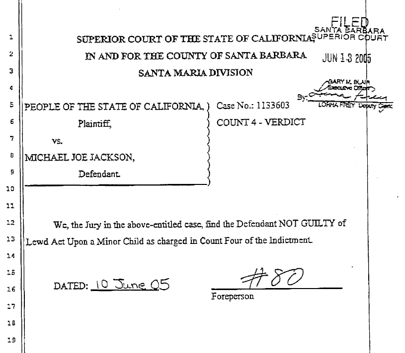 MJJRepository's tweet photo. MICHAEL JACKSON: THE VERDICT (June 13, 2005 - Unanimous Jury)

Count 1 - NOT GUILTY of Conspiracy.

Count 2 - NOT GUILTY of a Lewd Act Upon a Minor Child.

Count 3 - NOT GUILTY of a Lewd Act Upon a Minor Child.

Count 4 - NOT GUILTY of a Lewd Act Upon a Minor Child. https://t.co/syFub0xnIX