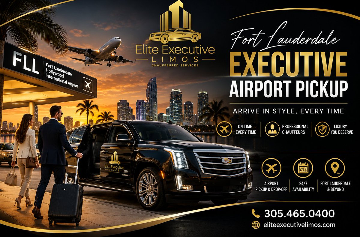_executivelimos's tweet photo. Land at FLL and walk straight to your ride.
We track your flight live, meet you at arrivals with a name sign, and charge you one flat rate — no surge, no surprises.
Fort Lauderdale executive airport pickup, 24/7. 
📞 (305) 465-0400 🔗 https://t.co/acEIbQRXCY https://t.co/oVxtEcOdky