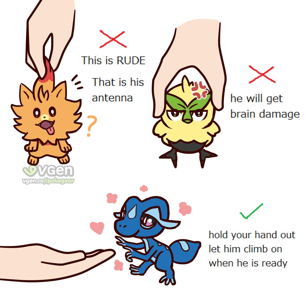 ipokegear's tweet photo. How to take care of your new starters 💕

#Pokemon #PokemonArt #PokemonWindsWaves #Pombon #Browt #Gecqua #ポケモン https://t.co/Q2At1GjaO5