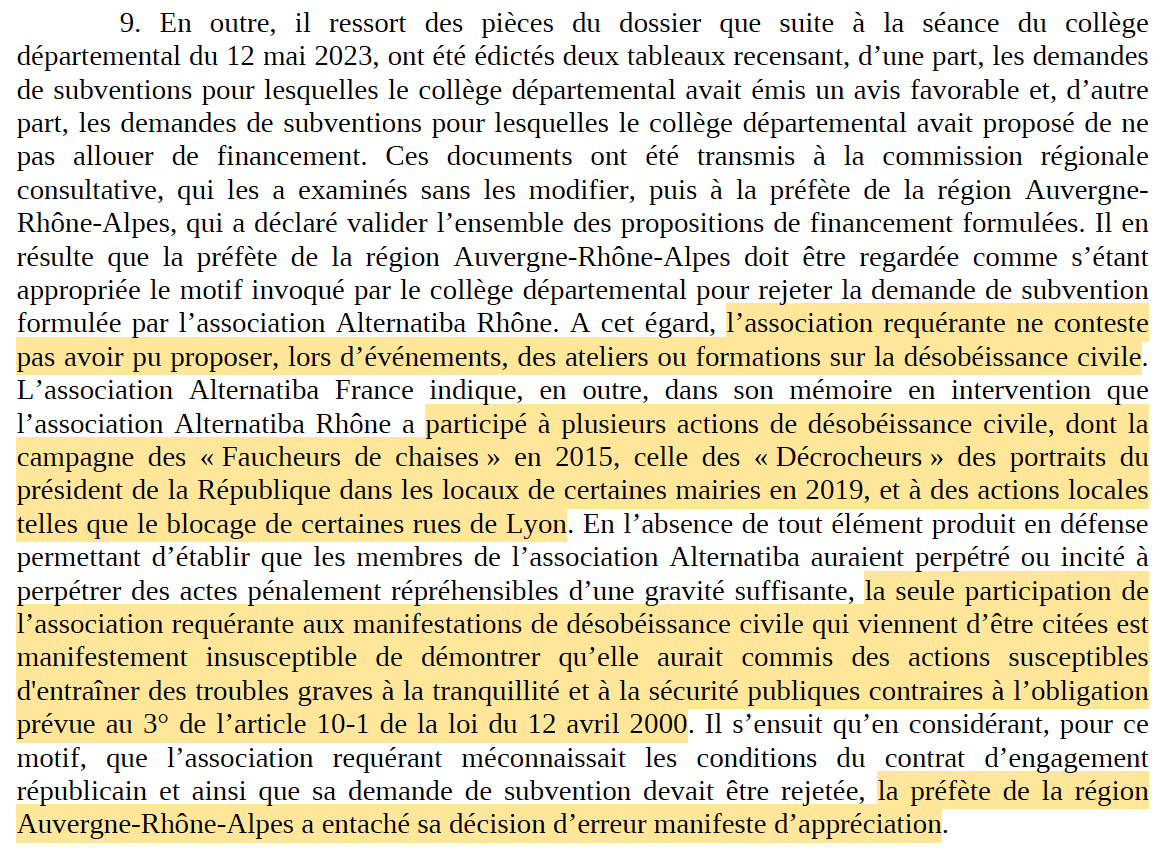 N_Hervieu's tweet photo. Désobéissance civile : Le refus de la @PrefetRhone d'octroyer une subvention à l'association « Action justice climat Lyon » est jugé illégal.

Car sa seule participation à des actions (non violentes) de désobéissance civile n'était pas de nature à susciter des troubles graves. https://t.co/Wkd1IXvkfH