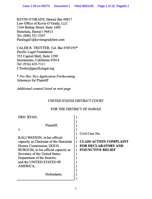 PacificLegal's tweet photo. BREAKING: We're suing to stop a Hawaii law that blocks residents from accessing certain housing benefits unless they can prove a 50% native Hawaiian blood quantum. When Eric Ryan tried to apply for a homestead lease, he was told he's ineligible — because of his ancestry. https://t.co/h9Wqw6e6yx