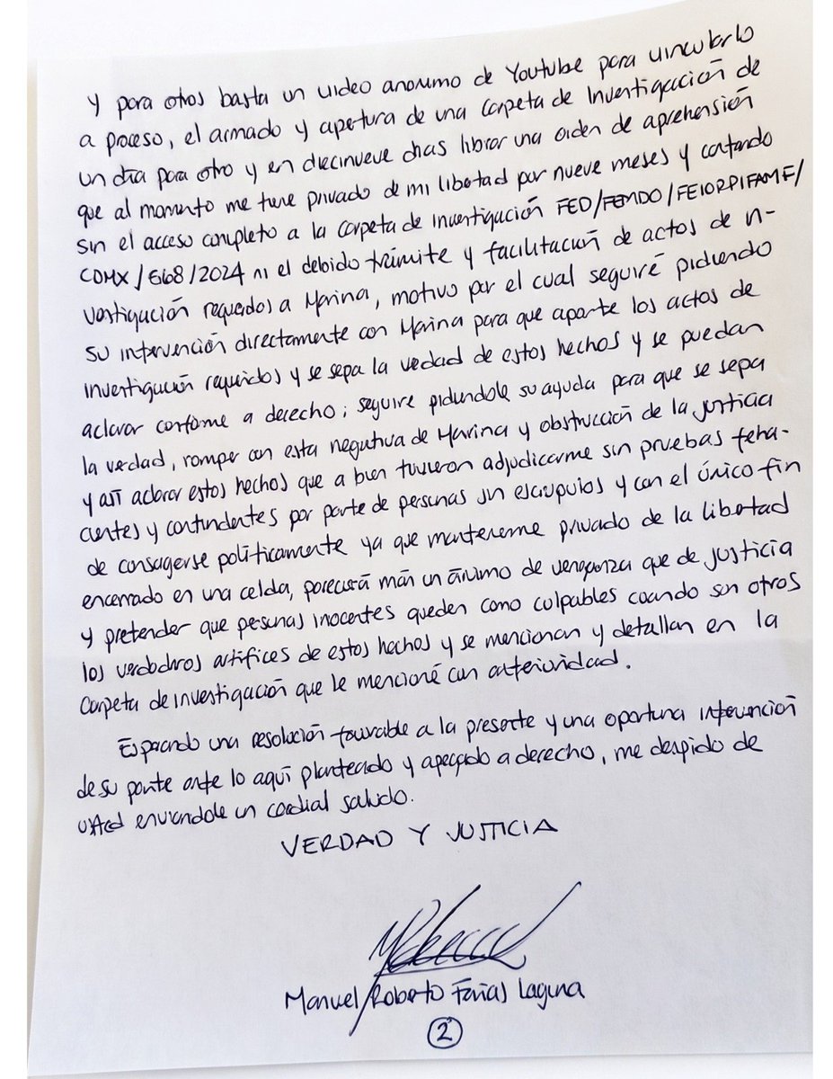 azucenau's tweet photo. 🚨El vicealmirante Manuel Roberto Farías Laguna envía una carta más a la presidenta Claudia Sheinbaum.

Reitera su petición: la intervención de la mandataria e información de su caso.

Denuncia vulneraciones al debido proceso.

📃@CiroGomezL https://t.co/MjH0DPSYwE