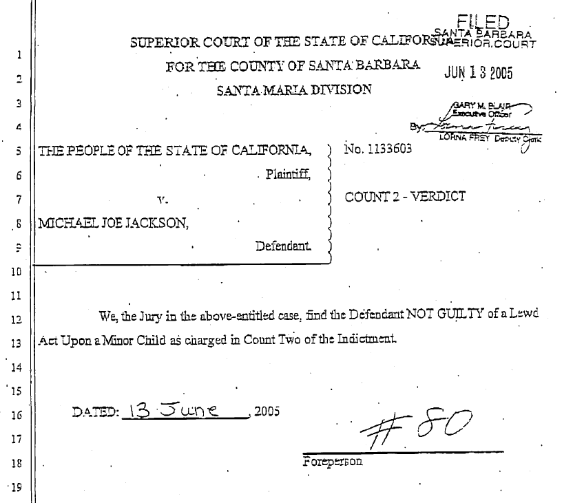 MJJRepository's tweet photo. MICHAEL JACKSON: THE VERDICT (June 13, 2005 - Unanimous Jury)

Count 1 - NOT GUILTY of Conspiracy.

Count 2 - NOT GUILTY of a Lewd Act Upon a Minor Child.

Count 3 - NOT GUILTY of a Lewd Act Upon a Minor Child.

Count 4 - NOT GUILTY of a Lewd Act Upon a Minor Child. https://t.co/syFub0xnIX