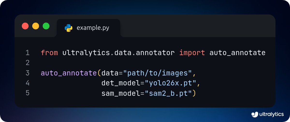 ultralytics's tweet photo. Auto-annotate datasets with SAM2.1 using Ultralytics Python package! 🧠

Generate segmentation labels automatically to speed up dataset creation, reduce manual labeling effort, and prepare high-quality data for training computer vision models.

Learn more ➡️ https://t.co/vSGTEkp9sO

#Ultralytics #Segmentation #Research
