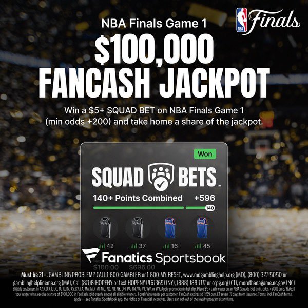 LegionHoops's tweet photo. Build your Squad Bet for Game 1 of the NBA Finals on @Fanaticsbook 🏀

One player can have an off night and your squad can still get there. 

Tonight, winners get a shot at of a $100k FanCash Jackpot 👀

Who’s on your squad? https://t.co/FLD1KMf8Yk