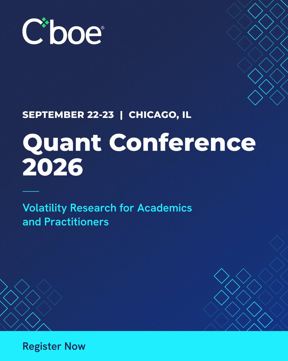 Cboe's tweet photo. Registration is now open for the Cboe Quant Conference 2026.

Join us September 22–23 in Chicago to explore the future of quantitative finance, featuring keynote speakers Fabio Mercurio and Professor Emanuel Derman.

Secure your spot today: https://t.co/NkBedhJbqO

💡Early bird pricing ends July 15.