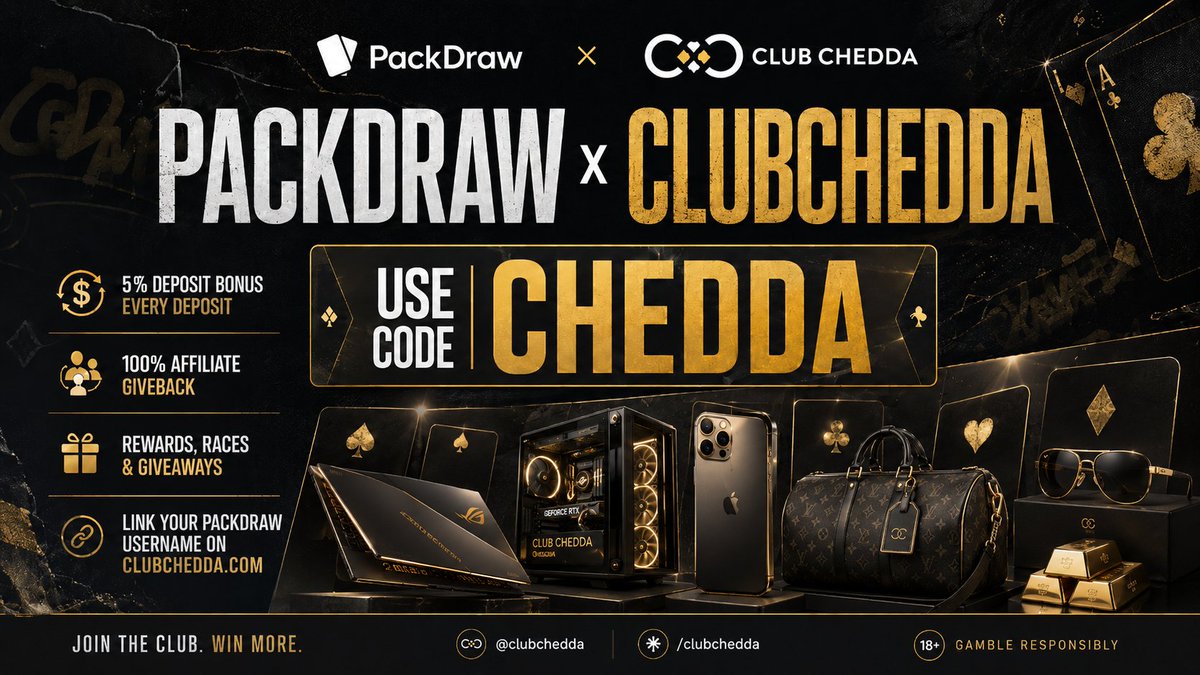 clubchedda's tweet photo. Packdraw players, use code CHEDDA.

You get a 5% deposit bonus on every deposit

ClubChedda gives back 100% of affiliate earnings through rewards, races and giveaways.

Simple, use the code, link your username, get involved.

https://t.co/ER2t9uFaUx

18+ gamble responsibly.  @PackDraw