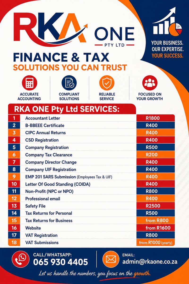 RKA_ONE's tweet photo. Accounting Services ll CIPC Services ll Tax Services ll

Call/WhatsApp: 065 930 4405
Email: admin@rkaone.co.za https://t.co/o822PHiAjy
