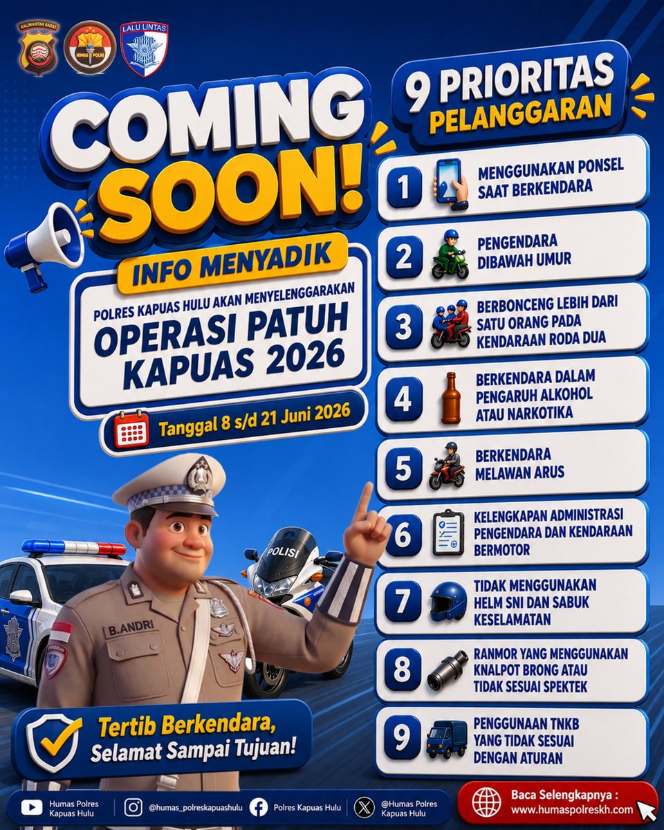 HumasResKH's tweet photo. Polres Kapuas Hulu Siap Gelar Operasi Patuh Kapuas 2026, Ini 9 Pelanggaran yang Menjadi Prioritas Penindakan https://t.co/yt5fC7briK