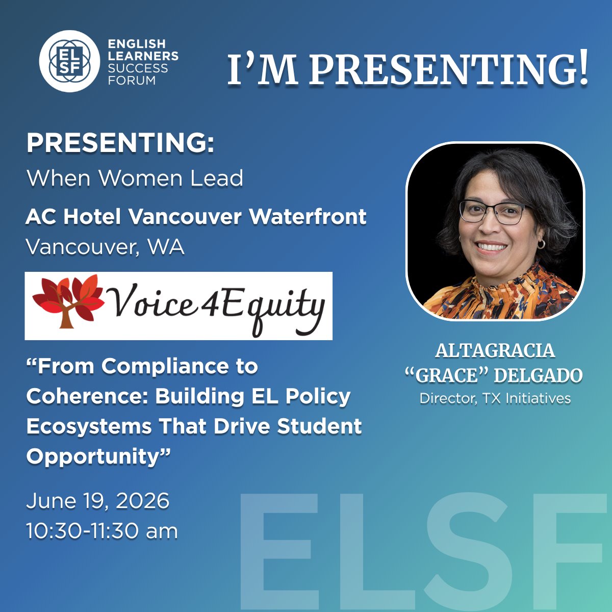 elsuccessforum's tweet photo. Compliance alone has never moved outcomes for multilingual learners. At the #WhenWomenLead conference on June 19, ELSF’s Grace Delgado will share how to reframe EL policy as a strategic driver of opportunity and academic growth. Join us! https://t.co/NcpPvIdS2S