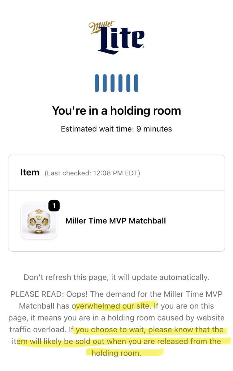 moschmoo's tweet photo. Week 1: Holding room ➡️ Sold out.
Week 2: Holding room ➡️ Sold out.
@MillerLite’s checkout servers have worse defense than @SpursOfficial team. Thanks for the 10-minute cardio session staring at a progress bar. 🙄🛑⚽️
#MillerLite #FIFA #Beer #Matchball https://t.co/rrP4pBS2ZK