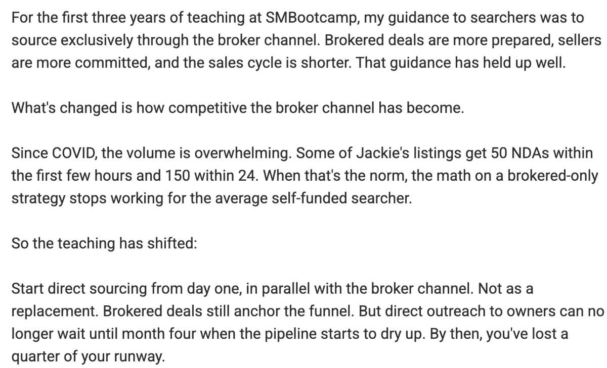 OneManLBO's tweet photo. When @Sam_Rosati officially changes guidance and recommends proprietary deal sourcing from day 1 (in conjunction with brokered deals), you listen up

Also, great anecdata from @JackieHirsch_ on deal interest in this market

150 NDAs within 24 hours? INSANITY

(Hearing similar numbers from intermediary contacts here in... IDAHO, not even close to a tier 1 coastal market)

If you think brokers have time for relationship building in the heat of a live deal, you are sorely mistaken. They're just trying to survive and triage.

So proactive relationship building is once again key across both brokered and proprietary sourcing. Highly speculative, highly long-term oriented.

So freaking challenging to make friends and plant seeds. How do you even know how to allocate your limited time anymore?

Which brings me back to one of my core tenets: you need a thesis in this market, whether it's geography or industry focused (I had both last year), so you can even start to understand where you should be making friends and build relationships.

This small business buying game is shifting further and further away from the actual transaction. You need to be so early now. It's almost VC-like in terms of speculating which broker or owner may have a good deal down the road and getting ahead of it, WAY further up in the funnel. 

Sourcing timelines are extending, and I know several good and talented people who are in year 3 of searching now.

WELCOME TO ULTRA HARD MODE