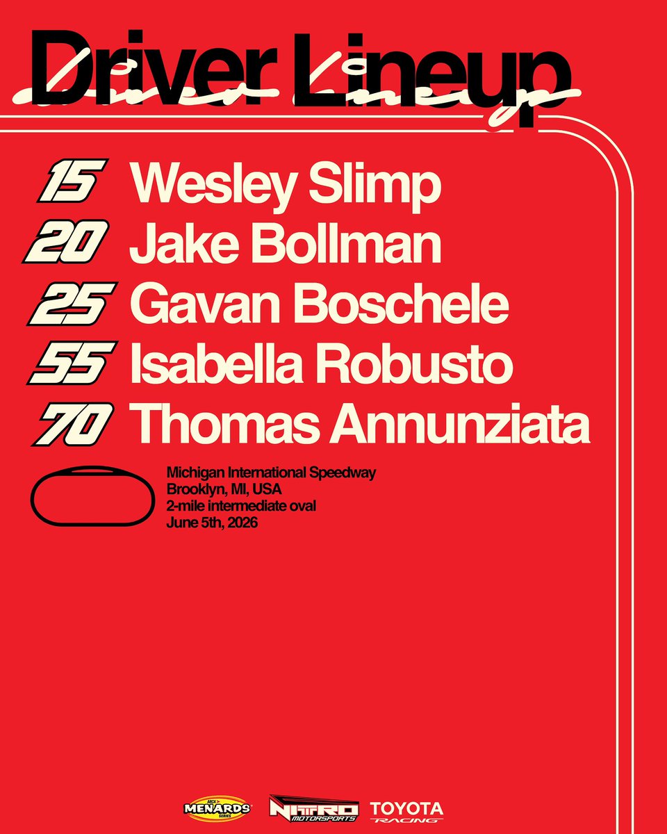 racewithnitro's tweet photo. Your Michigan lineup 💪

#Nitro / #NitroMotorsports / #RaceNitro / #TeamToyota / @toyotaracingusa / @arca_racing / @nascarregional https://t.co/Y5VRkoRuG5