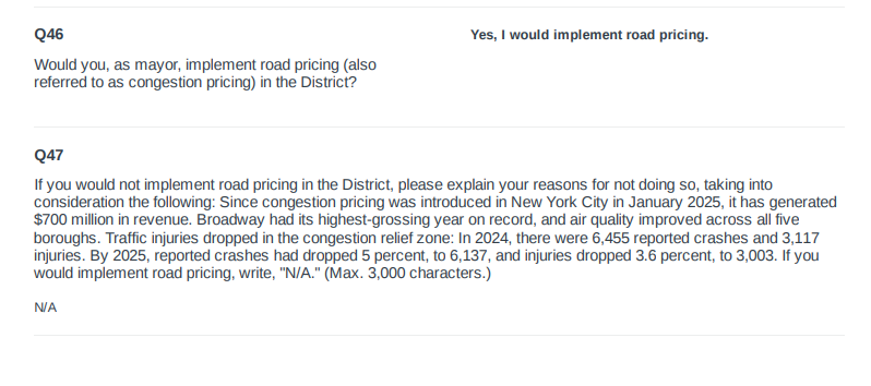 AlexKomaDC's tweet photo. The Post's voter guide is always helpful in getting the candidates on the record on big issues: Among other things, I noted McDuffie says he now doesn't support congestion pricing. He told @ggwash earlier this year that he did. https://t.co/QyEs05ao3N